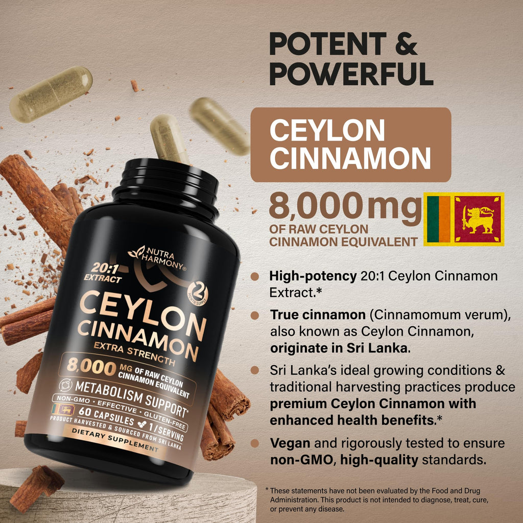 Ceylon Cinnamon Capsules - Extra Strength - Energy Heart & Metabolism Support for Men & Women - Pure Natural Cinnamon 20:1 Extract Supplement - FENGGESTORE20