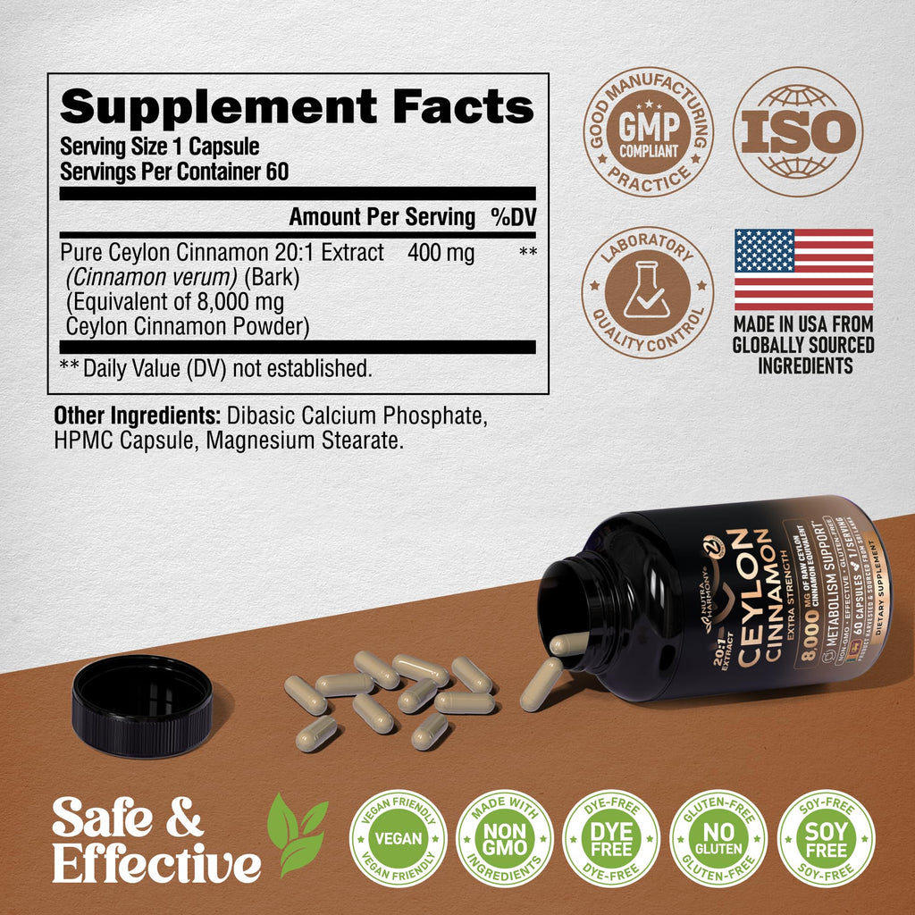 Ceylon Cinnamon Capsules - Extra Strength - Energy Heart & Metabolism Support for Men & Women - Pure Natural Cinnamon 20:1 Extract Supplement - FENGGESTORE20