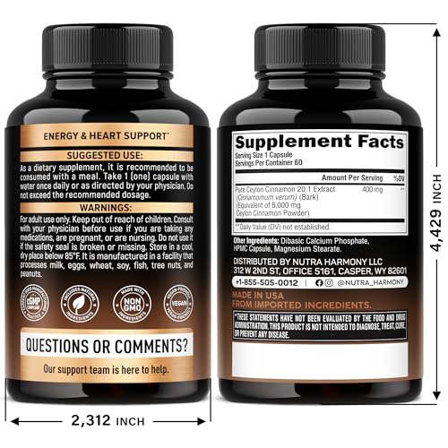 Ceylon Cinnamon Capsules - Extra Strength - Energy Heart & Metabolism Support for Men & Women - Pure Natural Cinnamon 20:1 Extract Supplement - FENGGESTORE20