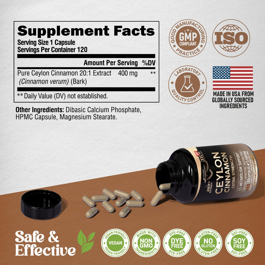 Ceylon Cinnamon Capsules - Extra Strength - Energy, Heart & Metabolism Support - for Men & Women - Pure Natural Extract 20:1 Supplement - Made in USA - FENGGESTORE20