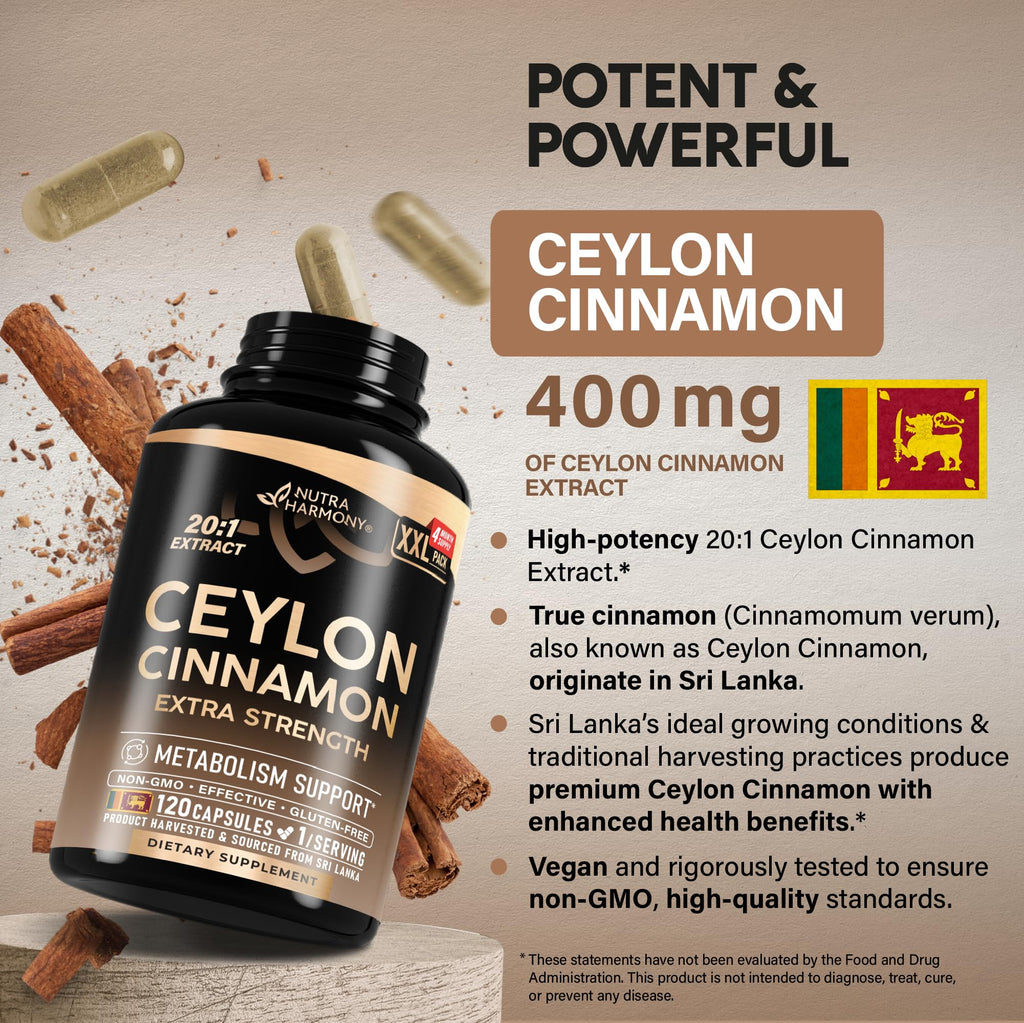 Ceylon Cinnamon Capsules - Extra Strength - Energy, Heart & Metabolism Support - for Men & Women - Pure Natural Extract 20:1 Supplement - Made in USA - FENGGESTORE20