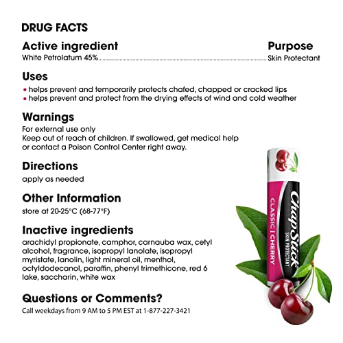 ChapStick Classic Skin Protectant Flavored Lip Balm Tube, Cherry Flavor, 0.15 Ounce (Pack of 3) - FENGGESTORE20