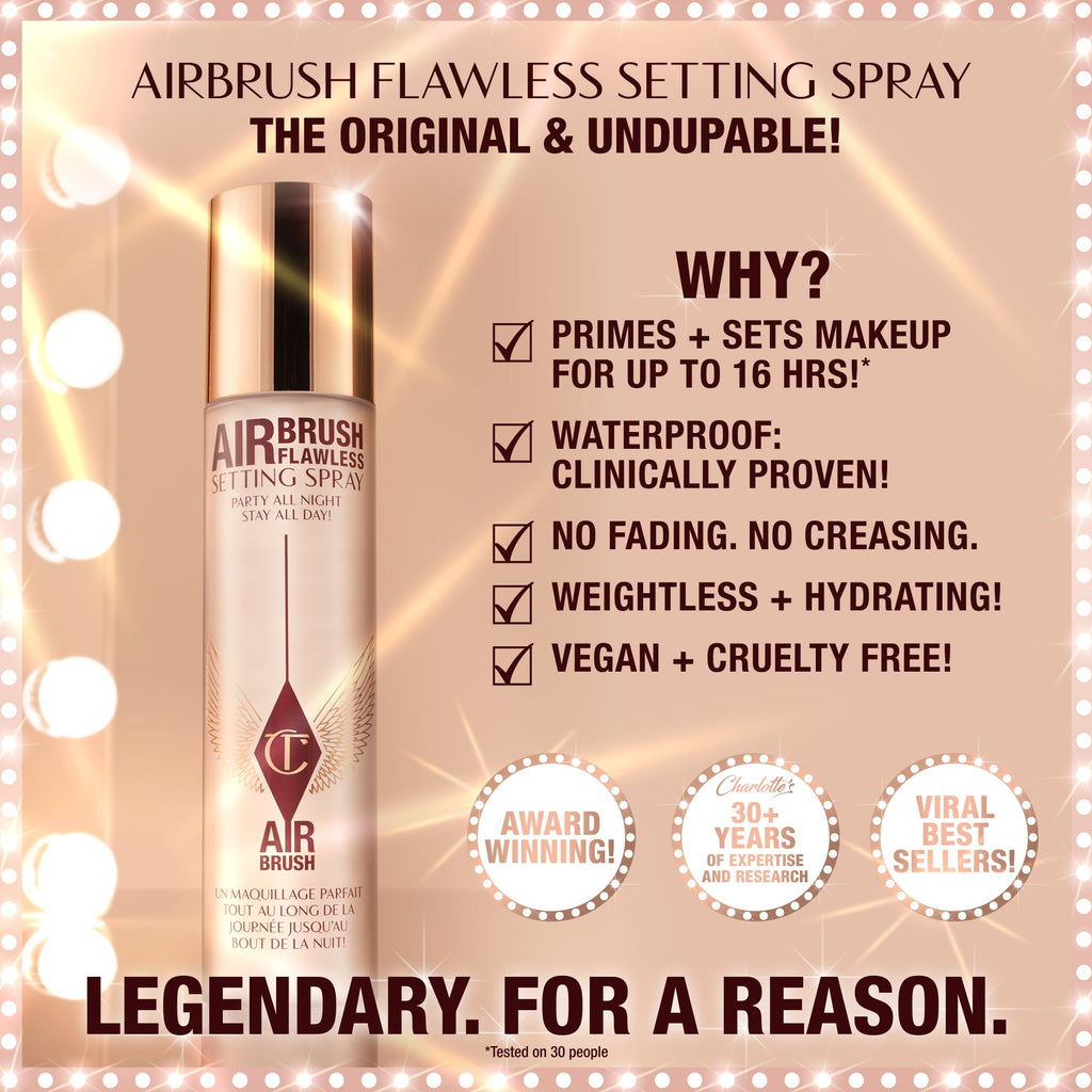 Charlotte Tilbury Airbrush Flawless Setting Spray - Ultra-Fine Hydrating Mist to Prime & Set Face Makeup For Up to 16Hr - Soothes, Blurs Pores & Calms Skin (100ml) - FENGGESTORE20