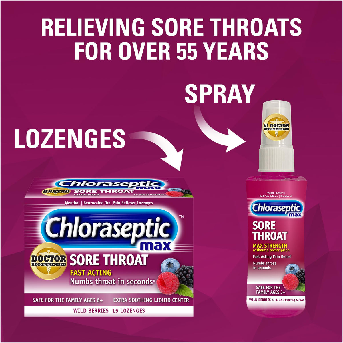 Chloraseptic Max Strength Sore Throat Relief Lozenges, Wild Berry, Drops with Liquid Center to Numb Sore Throat, 15 Count - FENGGESTORE20