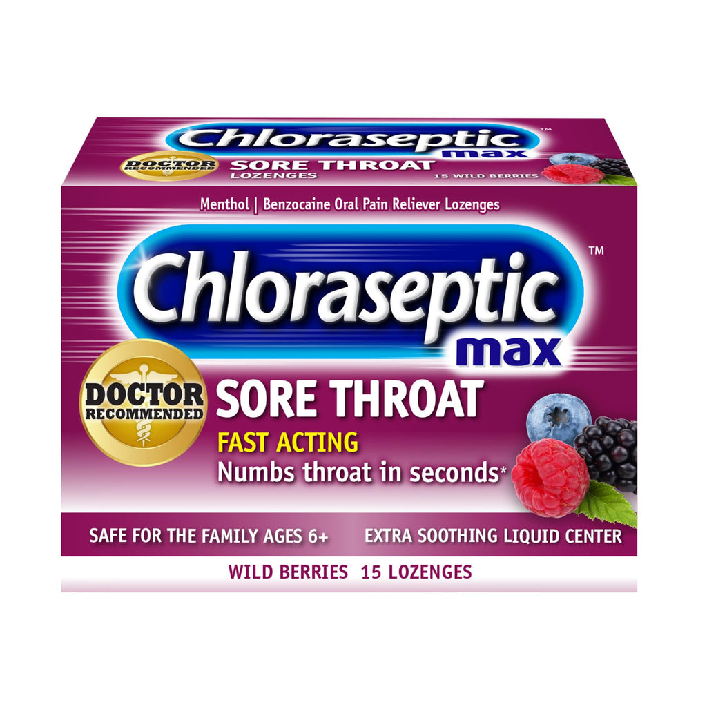 Chloraseptic Max Strength Sore Throat Relief Lozenges, Wild Berry, Drops with Liquid Center to Numb Sore Throat, 15 Count - FENGGESTORE20