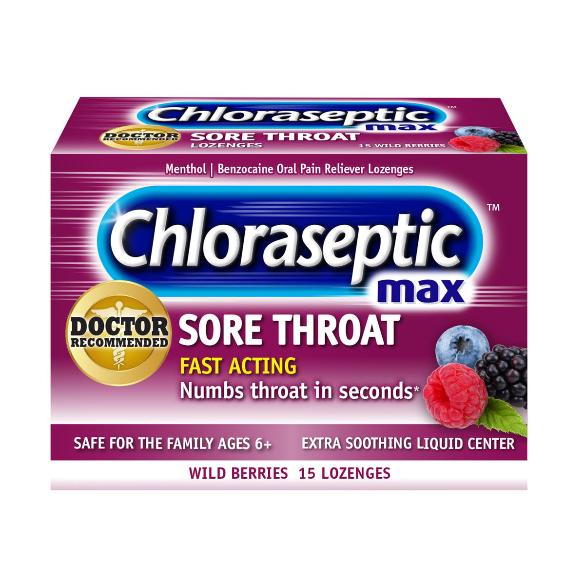 Chloraseptic Max Strength Sore Throat Relief Lozenges, Wild Berry, Drops with Liquid Center to Numb Sore Throat, 15 Count - FENGGESTORE20