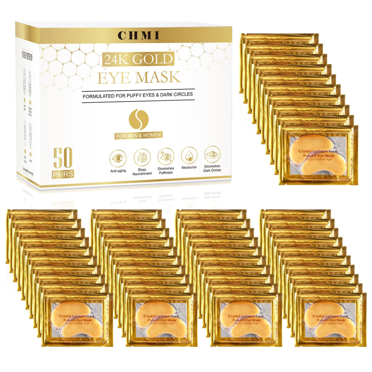 CHMI Under Eye Patches (50 Pairs) - 24K Gold Eye Patches for Puffy Eyes, Dark Circles, EyeBags and Wrinkles - FENGGESTORE20