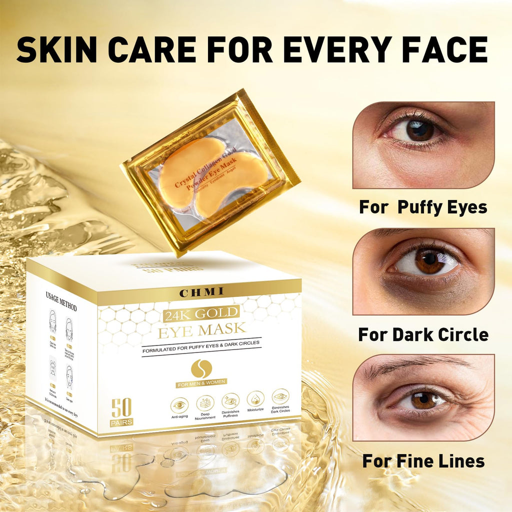CHMI Under Eye Patches (50 Pairs) - 24K Gold Eye Patches for Puffy Eyes, Dark Circles, EyeBags and Wrinkles - FENGGESTORE20