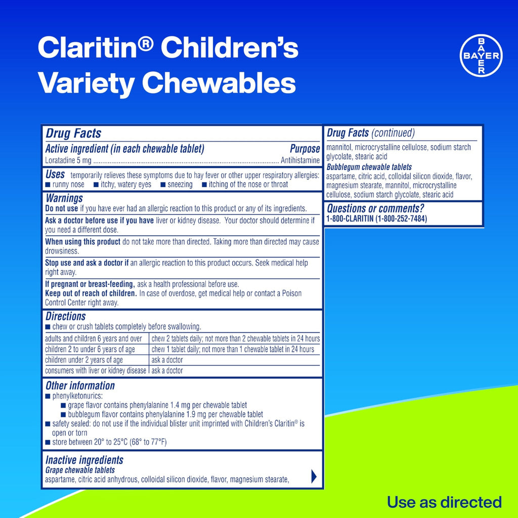 Claritin Children's Allergy Medicine, 24-Hour Non-Drowsy Loratadine 5mg Chewable Tablet, Antihistamine for Kids Ages 2 Years and Older, Grape & Bubble Gum Flavors, Dye-Free, 40 Tablets - FENGGESTORE20