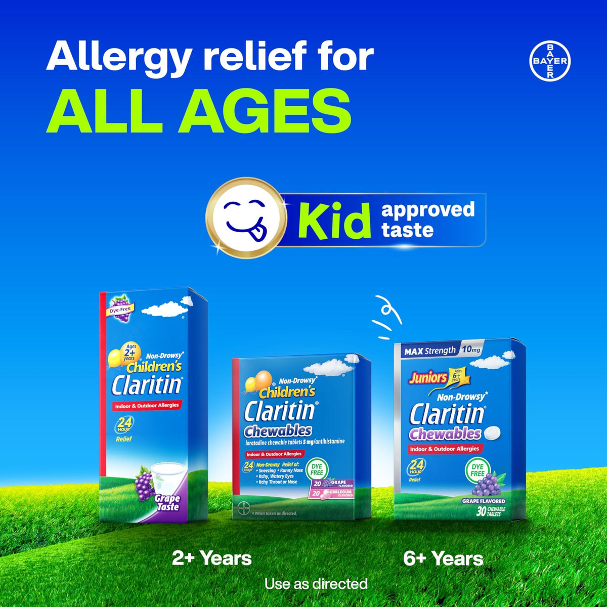 Claritin Children's Allergy Medicine, 24-Hour Non-Drowsy Loratadine 5mg Chewable Tablet, Antihistamine for Kids Ages 2 Years and Older, Grape & Bubble Gum Flavors, Dye-Free, 40 Tablets - FENGGESTORE20