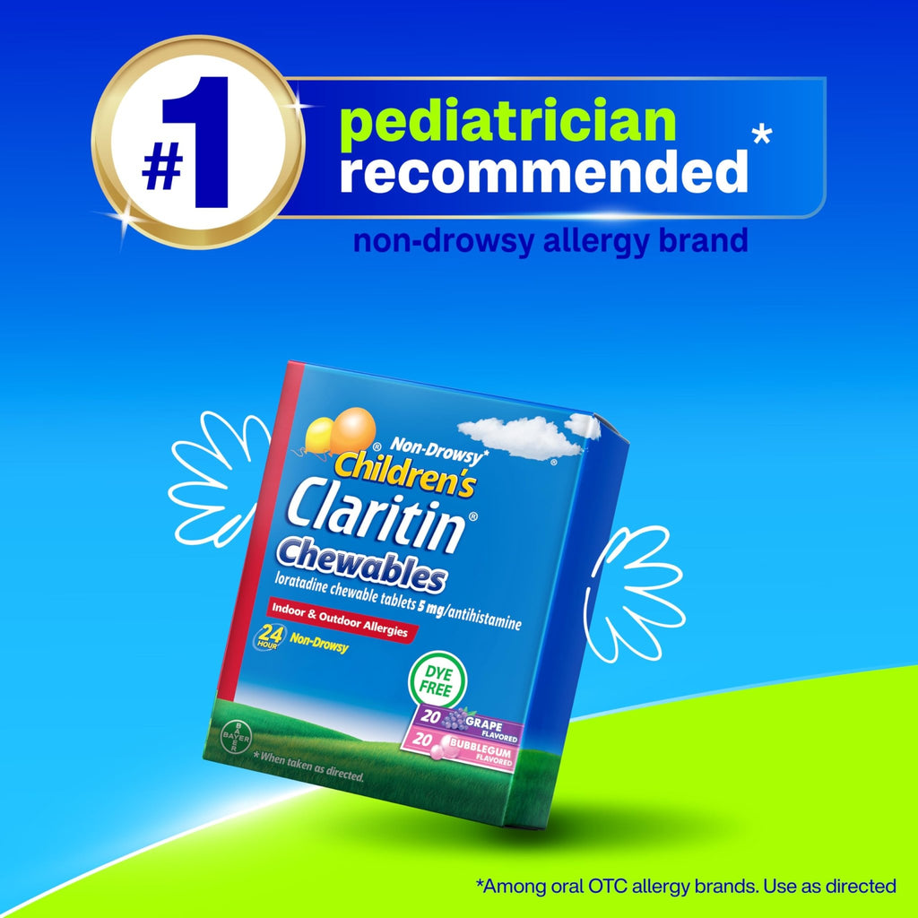 Claritin Children's Allergy Medicine, 24-Hour Non-Drowsy Loratadine 5mg Chewable Tablet, Antihistamine for Kids Ages 2 Years and Older, Grape & Bubble Gum Flavors, Dye-Free, 40 Tablets - FENGGESTORE20