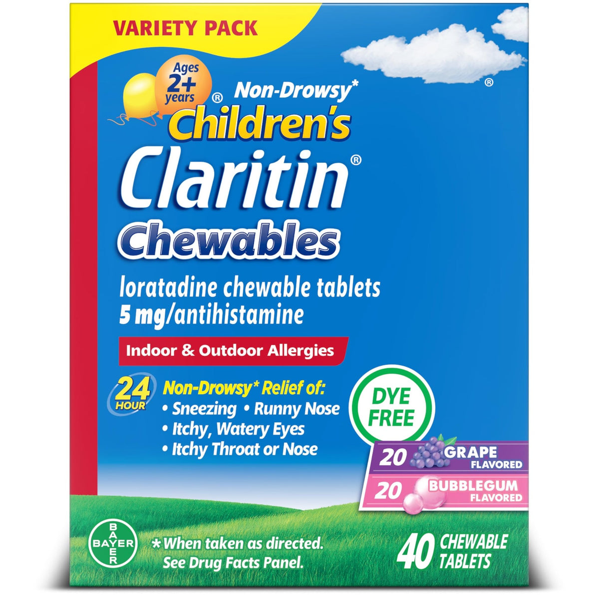Claritin Children's Allergy Medicine, 24-Hour Non-Drowsy Loratadine 5mg Chewable Tablet, Antihistamine for Kids Ages 2 Years and Older, Grape & Bubble Gum Flavors, Dye-Free, 40 Tablets - FENGGESTORE20