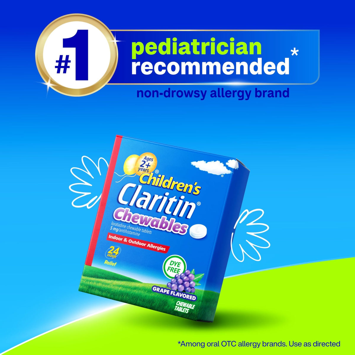 Claritin Children's Allergy Medicine, 24-Hour Non-Drowsy Loratadine 5mg Chewable Tablet, Antihistamine for Kids Ages 2 Years and Older, Grape Flavored, Dye-free, 40 Tablets - FENGGESTORE20