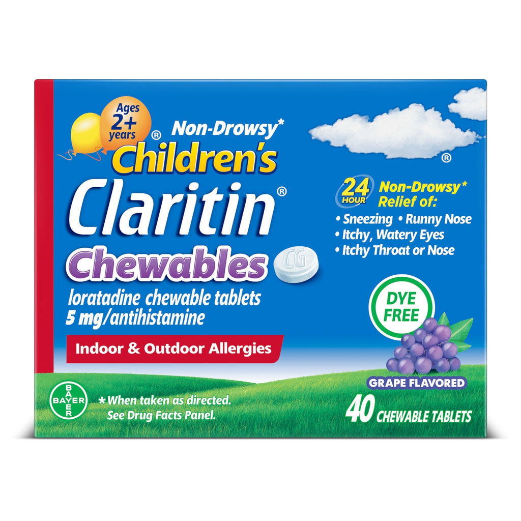 Claritin Children's Allergy Medicine, 24-Hour Non-Drowsy Loratadine 5mg Chewable Tablet, Antihistamine for Kids Ages 2 Years and Older, Grape Flavored, Dye-free, 40 Tablets - FENGGESTORE20