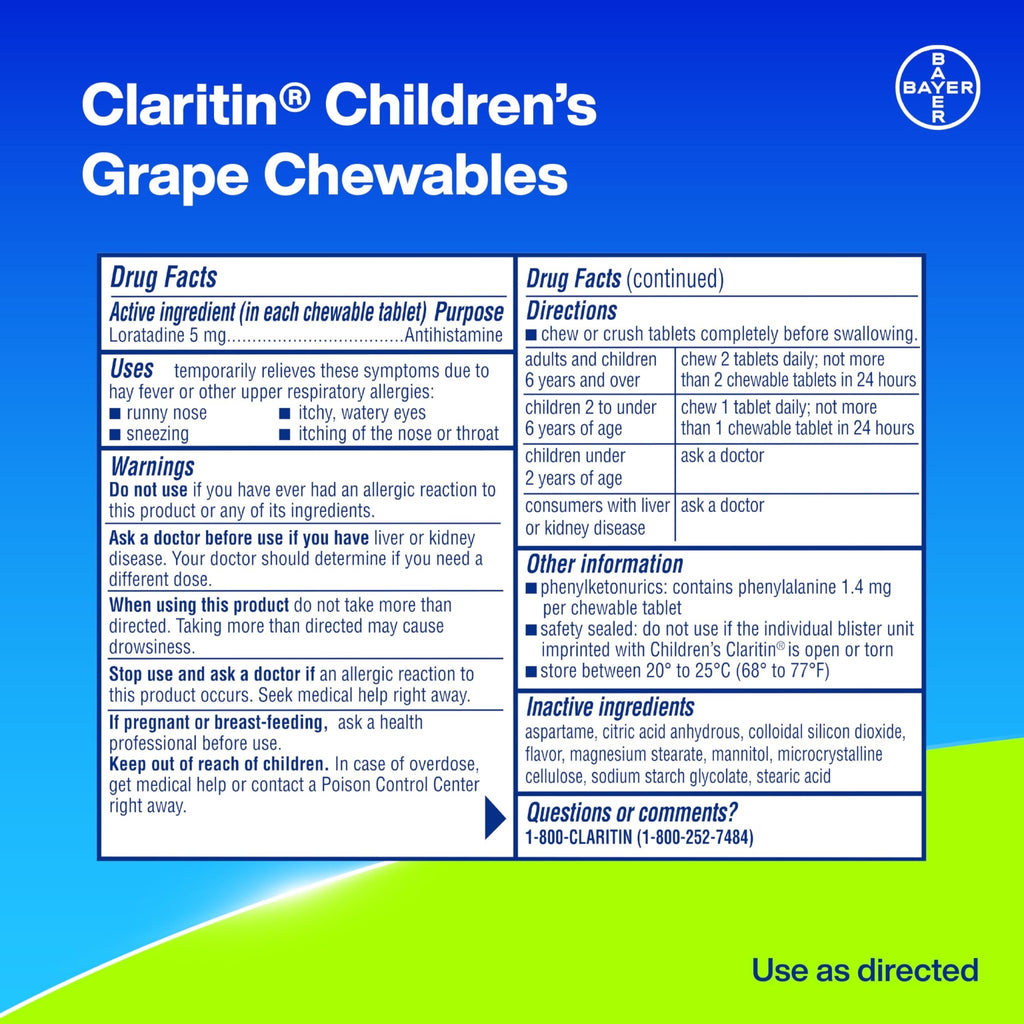 Claritin Children's Allergy Medicine, 24-Hour Non-Drowsy Loratadine 5mg Chewable Tablet, Antihistamine for Kids Ages 2 Years and Older, Grape Flavored, Dye-free, 40 Tablets - FENGGESTORE20