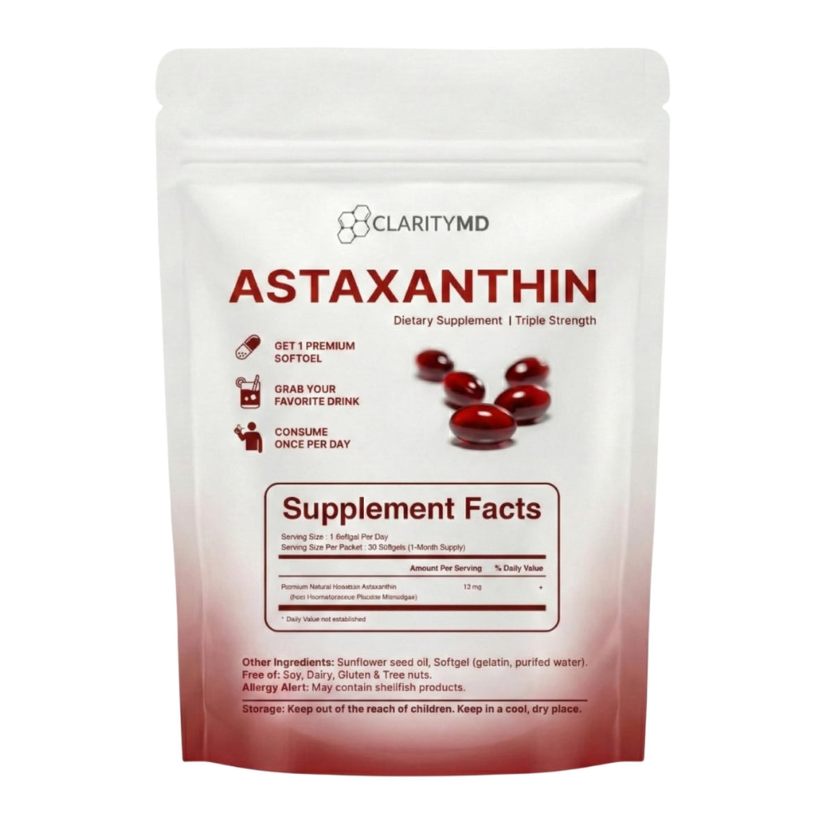 ClarityMD Astaxanthin 12mg Antioxidants Supplement – Natural Microalgae Source – Lipid-Based Softgel for Enhanced Absorption – Cognitive - FENGGESTORE20