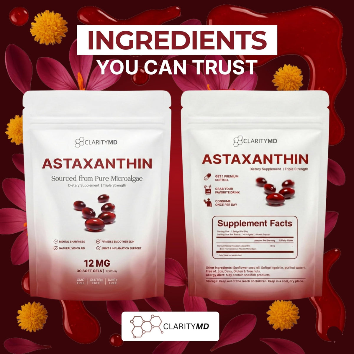 ClarityMD Astaxanthin 12mg Antioxidants Supplement – Natural Microalgae Source – Lipid-Based Softgel for Enhanced Absorption – Cognitive - FENGGESTORE20
