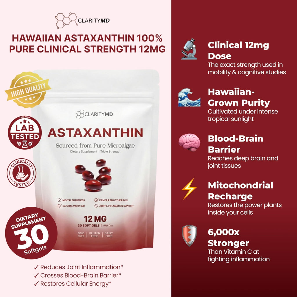 ClarityMD Astaxanthin 12mg Antioxidants Supplement – Natural Microalgae Source – Lipid-Based Softgel for Enhanced Absorption – Cognitive - FENGGESTORE20