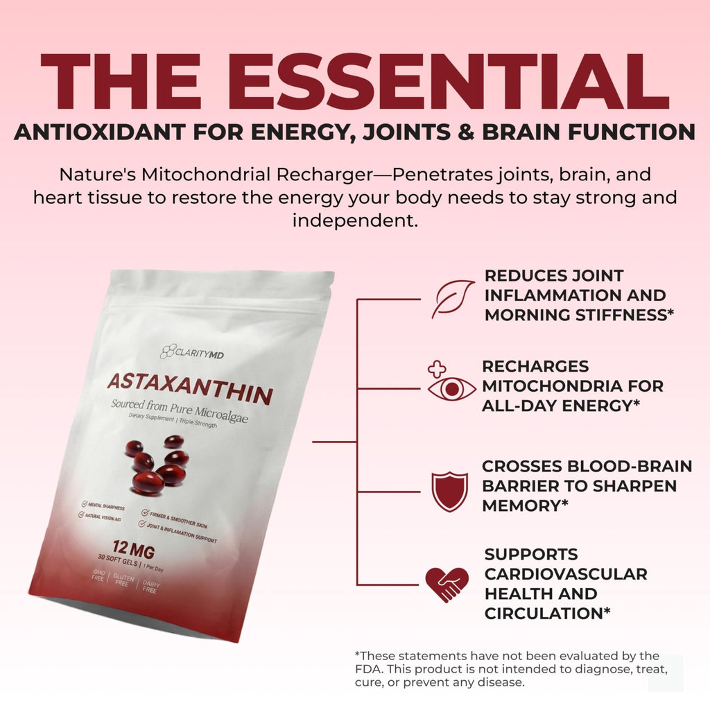 ClarityMD Astaxanthin 12mg Antioxidants Supplement – Natural Microalgae Source – Lipid-Based Softgel for Enhanced Absorption – Cognitive - FENGGESTORE20