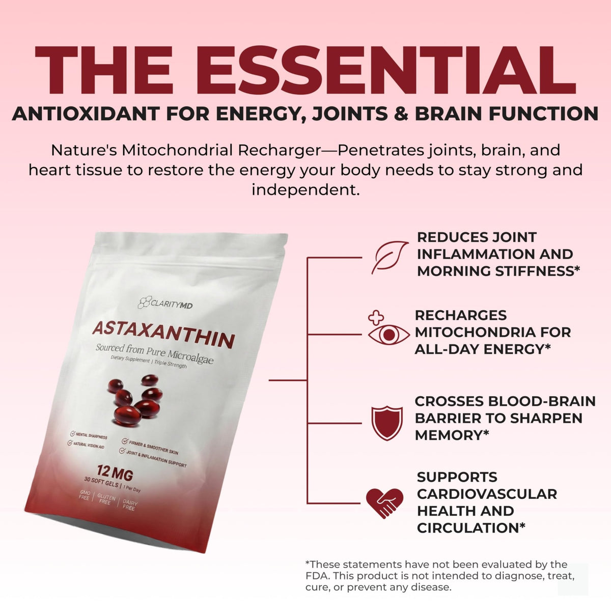 ClarityMD Astaxanthin 12mg Antioxidants Supplement – Natural Microalgae Source – Lipid-Based Softgel for Enhanced Absorption – Cognitive - FENGGESTORE20