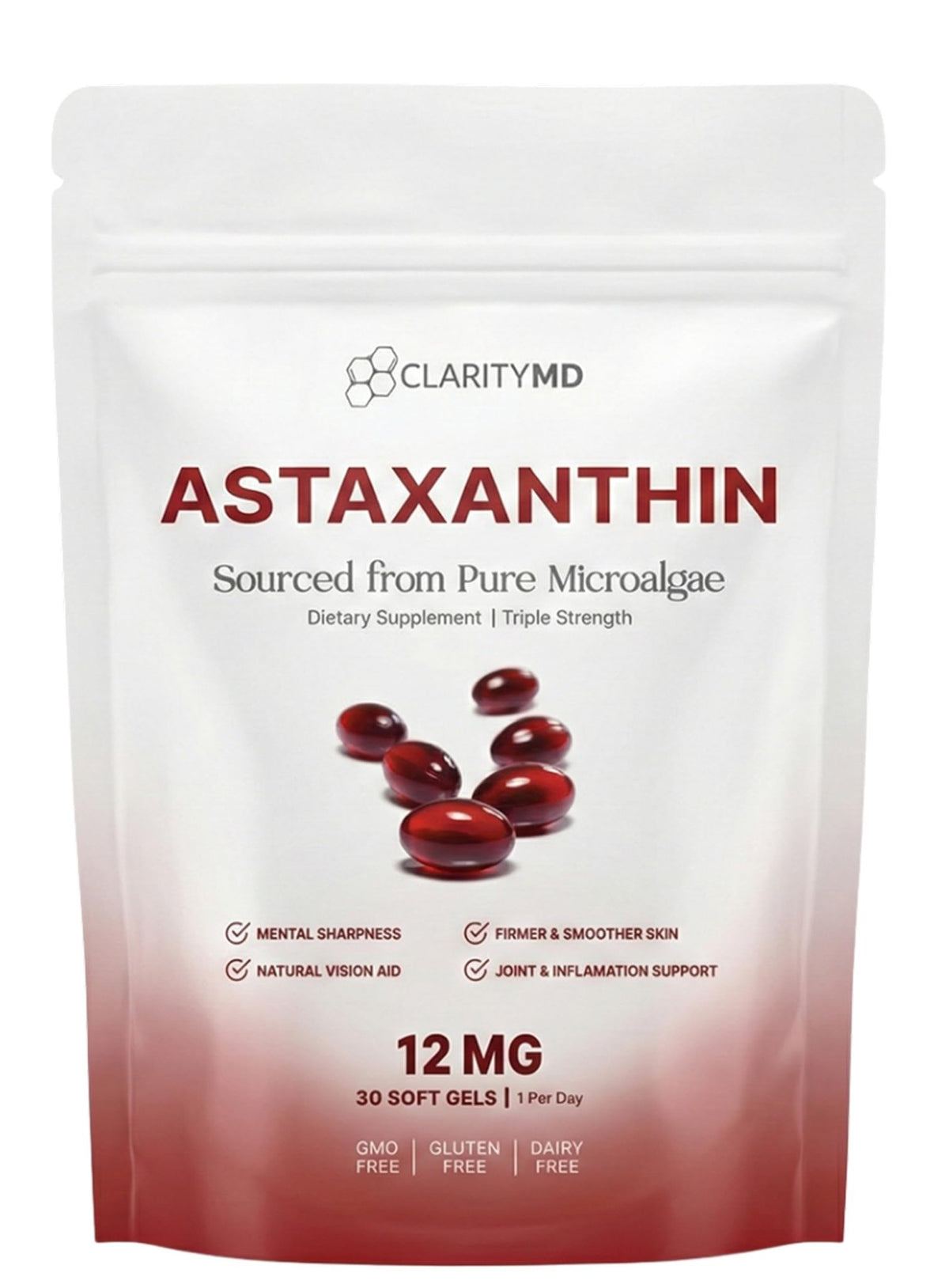 ClarityMD Astaxanthin 12mg Antioxidants Supplement – Natural Microalgae Source – Lipid-Based Softgel for Enhanced Absorption – Cognitive - FENGGESTORE20