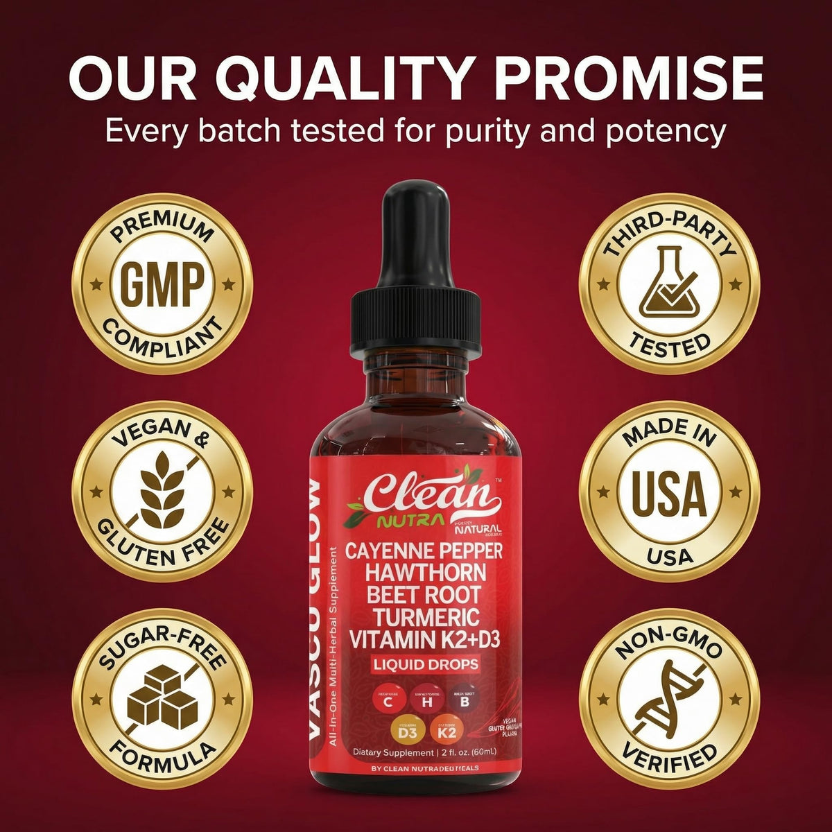Clean Nutra Cayenne Pepper Drops Supplement Liquid + Hawthorn Berry, Vitamin D3 K2 Beet Root Powder, Ceylon Cinnamon, Turmeric Curcumin, Organic Panax Ginseng, Berberine Extract 1 Pack - FENGGESTORE20