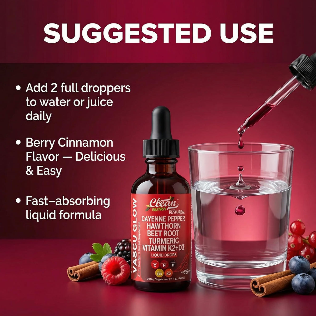 Clean Nutra Cayenne Pepper Drops Supplement Liquid + Hawthorn Berry, Vitamin D3 K2 Beet Root Powder, Ceylon Cinnamon, Turmeric Curcumin, Organic Panax Ginseng, Berberine Extract 1 Pack - FENGGESTORE20