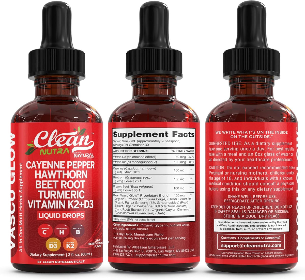 Clean Nutra Cayenne Pepper Drops Supplement Liquid + Hawthorn Berry, Vitamin D3 K2 Beet Root Powder, Ceylon Cinnamon, Turmeric Curcumin, Organic Panax Ginseng, Berberine Extract 1 Pack - FENGGESTORE20