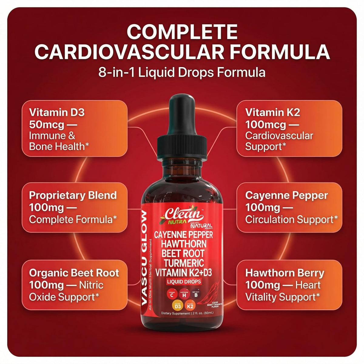 Clean Nutra Cayenne Pepper Drops Supplement Liquid + Hawthorn Berry, Vitamin D3 K2 Beet Root Powder, Ceylon Cinnamon, Turmeric Curcumin, Organic Panax Ginseng, Berberine Extract 1 Pack - FENGGESTORE20
