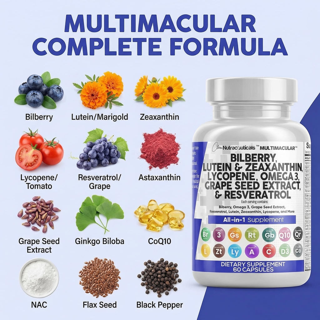 Clean Nutra Eye Vitamins with Bilberry Lutein and Zeaxanthin Supplements Lycopene 40mg Resveratrol Grape Seed Astaxanthin for Eyes - Eye Care Health Support Eye - FENGGESTORE20