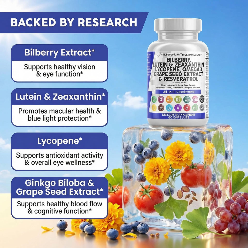 Clean Nutra Eye Vitamins with Bilberry Lutein and Zeaxanthin Supplements Lycopene 40mg Resveratrol Grape Seed Astaxanthin for Eyes - Eye Care Health Support Eye - FENGGESTORE20