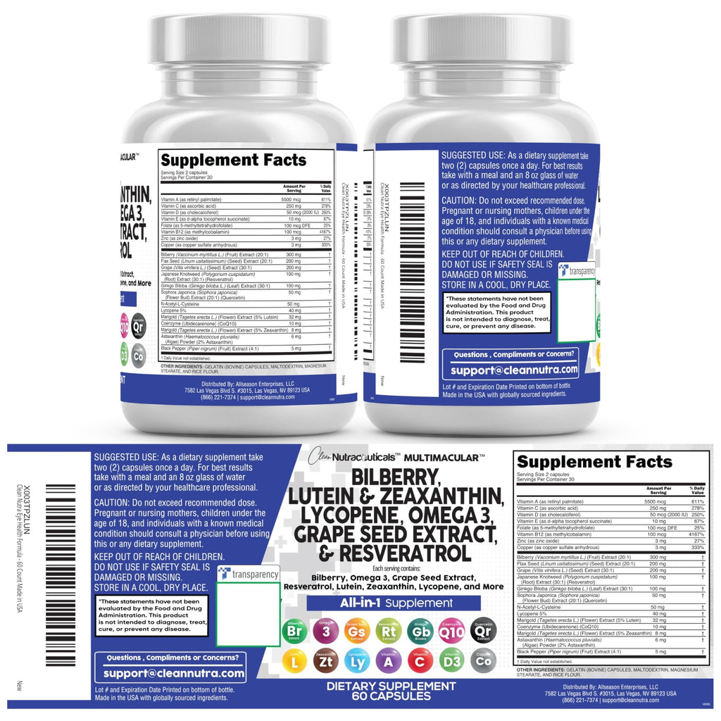 Clean Nutra Eye Vitamins with Bilberry Lutein and Zeaxanthin Supplements Lycopene 40mg Resveratrol Grape Seed Astaxanthin for Eyes - Eye Care Health Support Eye - FENGGESTORE20