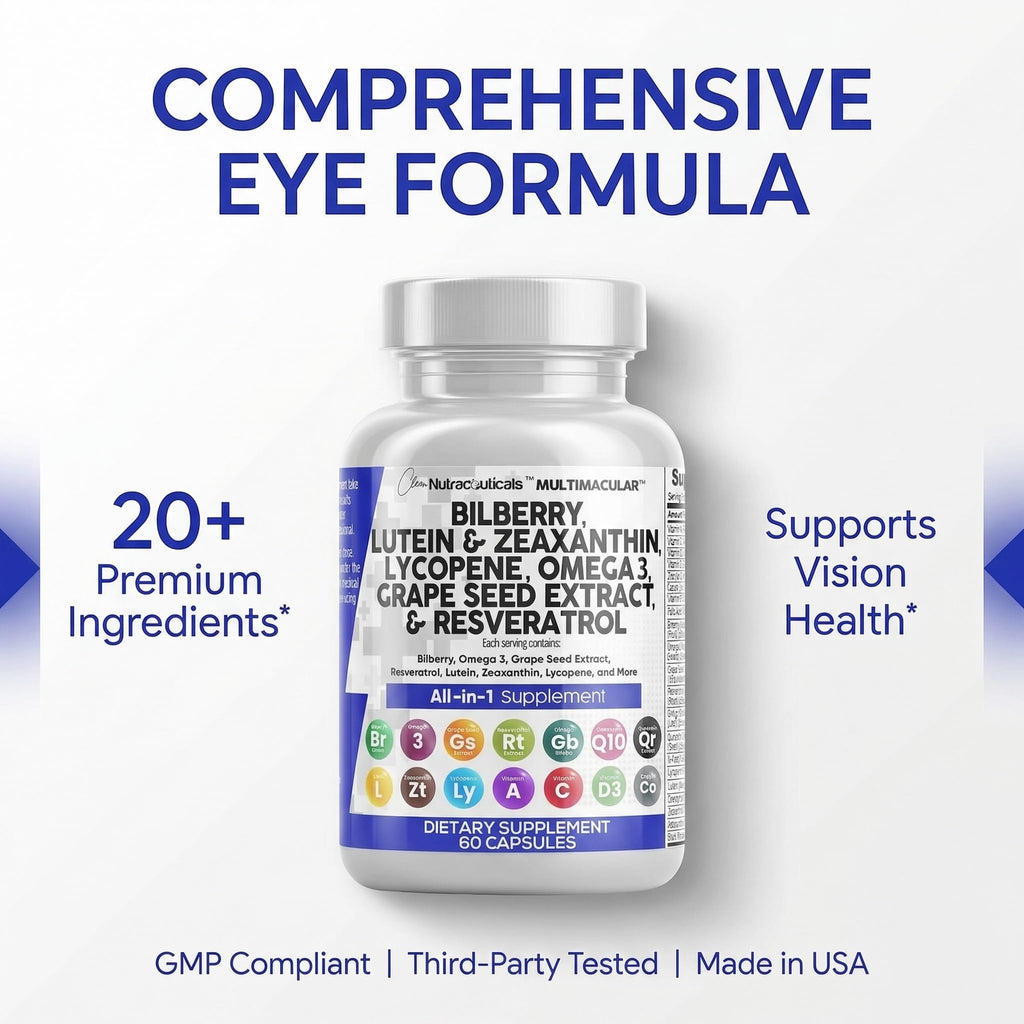 Clean Nutra Eye Vitamins with Bilberry Lutein and Zeaxanthin Supplements Lycopene 40mg Resveratrol Grape Seed Astaxanthin for Eyes - Eye Care Health Support Eye - FENGGESTORE20
