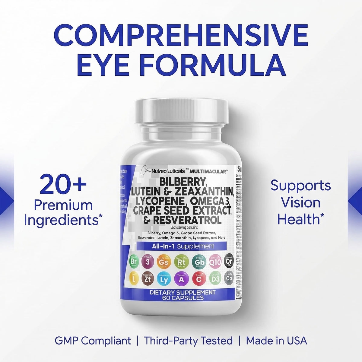 Clean Nutra Eye Vitamins with Bilberry Lutein and Zeaxanthin Supplements Lycopene 40mg Resveratrol Grape Seed Astaxanthin for Eyes - Eye Care Health Support Eye - FENGGESTORE20