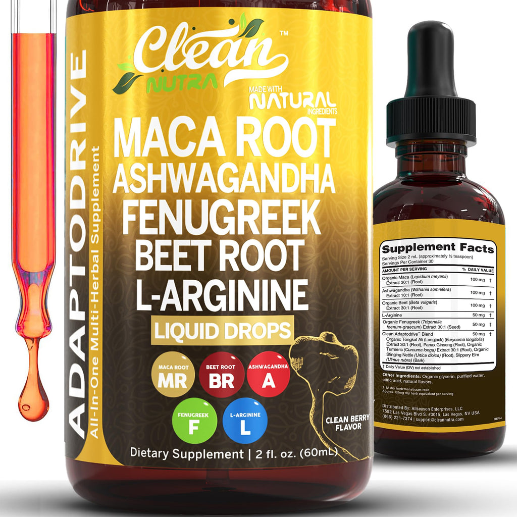 Clean Nutra Organic Maca Root Liquid Drops with Ashwagandha, Fenugreek, Beet Root and L-Arginine Liquid Multivitamin - FENGGESTORE20