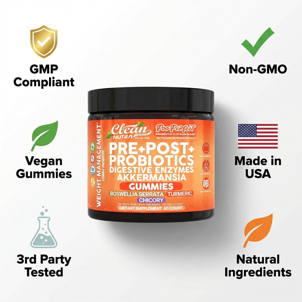 Clean Nutra Prebiotic Postbiotic Digestive Enzymes Gummies with Chicory Root, Boswellia Serrata, Turmeric, and Akkermansia | Pre+Post Probiotics Supplement - FENGGESTORE20