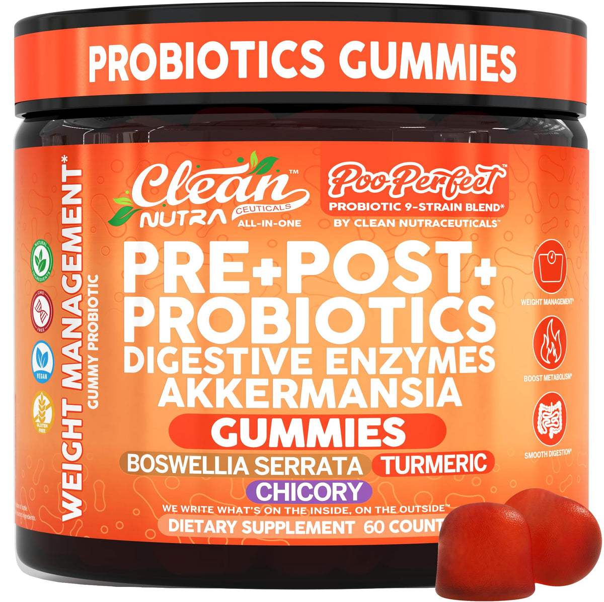 Clean Nutra Prebiotic Postbiotic Digestive Enzymes Gummies with Chicory Root, Boswellia Serrata, Turmeric, and Akkermansia | Pre+Post Probiotics Supplement - FENGGESTORE20