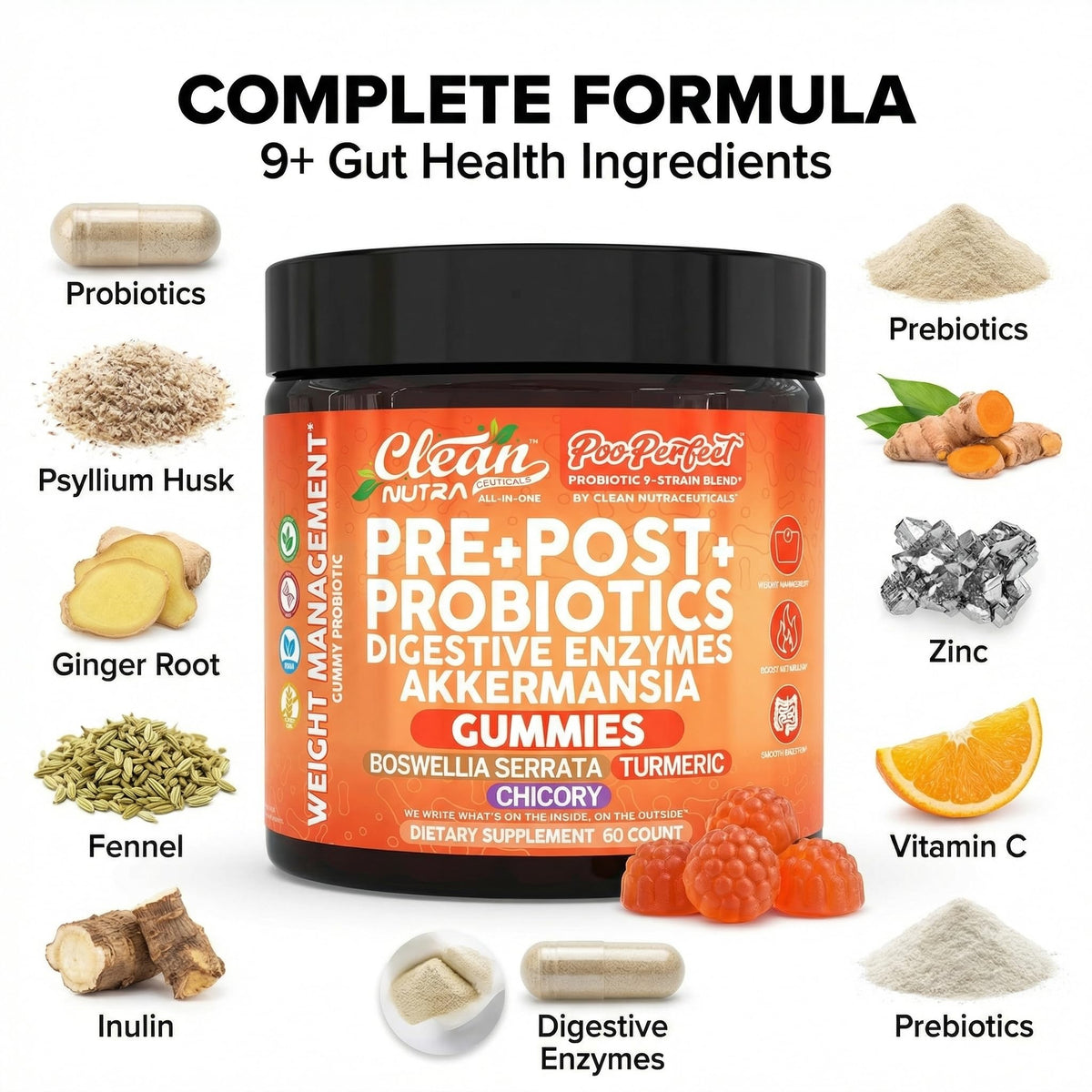 Clean Nutra Prebiotic Postbiotic Digestive Enzymes Gummies with Chicory Root, Boswellia Serrata, Turmeric, and Akkermansia | Pre+Post Probiotics Supplement - FENGGESTORE20