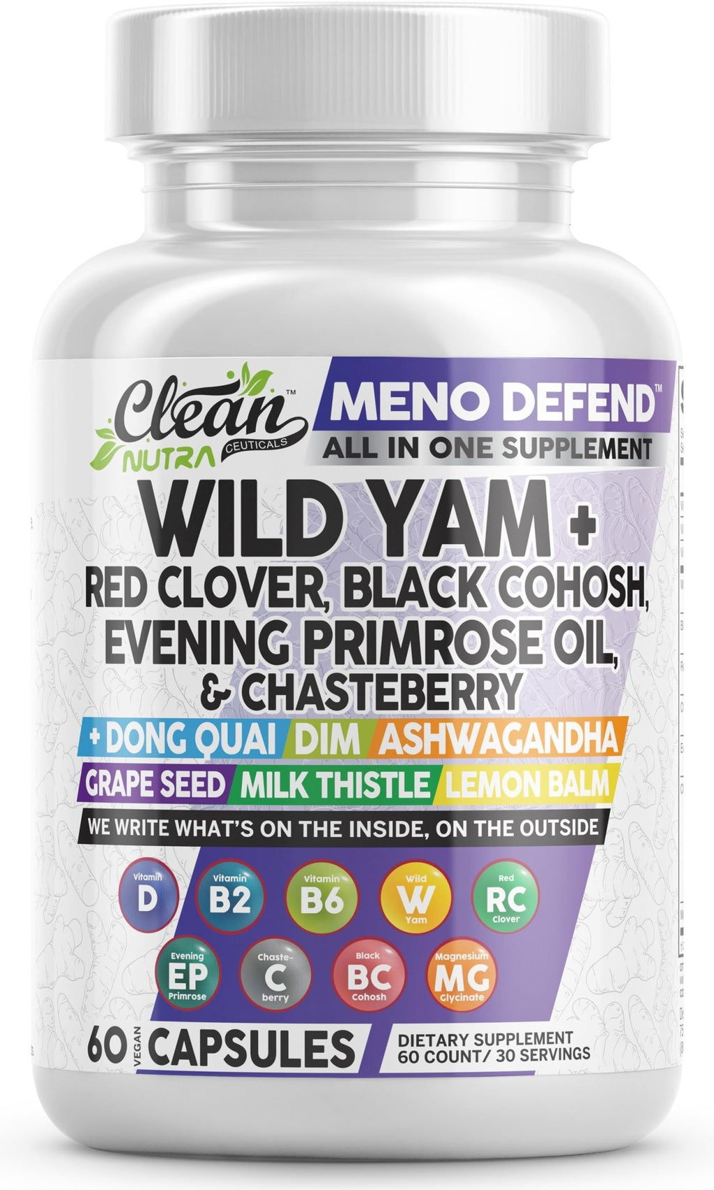 Clean Nutra Wild Yam Root Capsules with Red Clover Black Cohosh Evening Primrose Oil Chasteberry Dong Quai DIM Ashwagandha Grape Seed Extract Milk Thistle Lemon Balm - FENGGESTORE20
