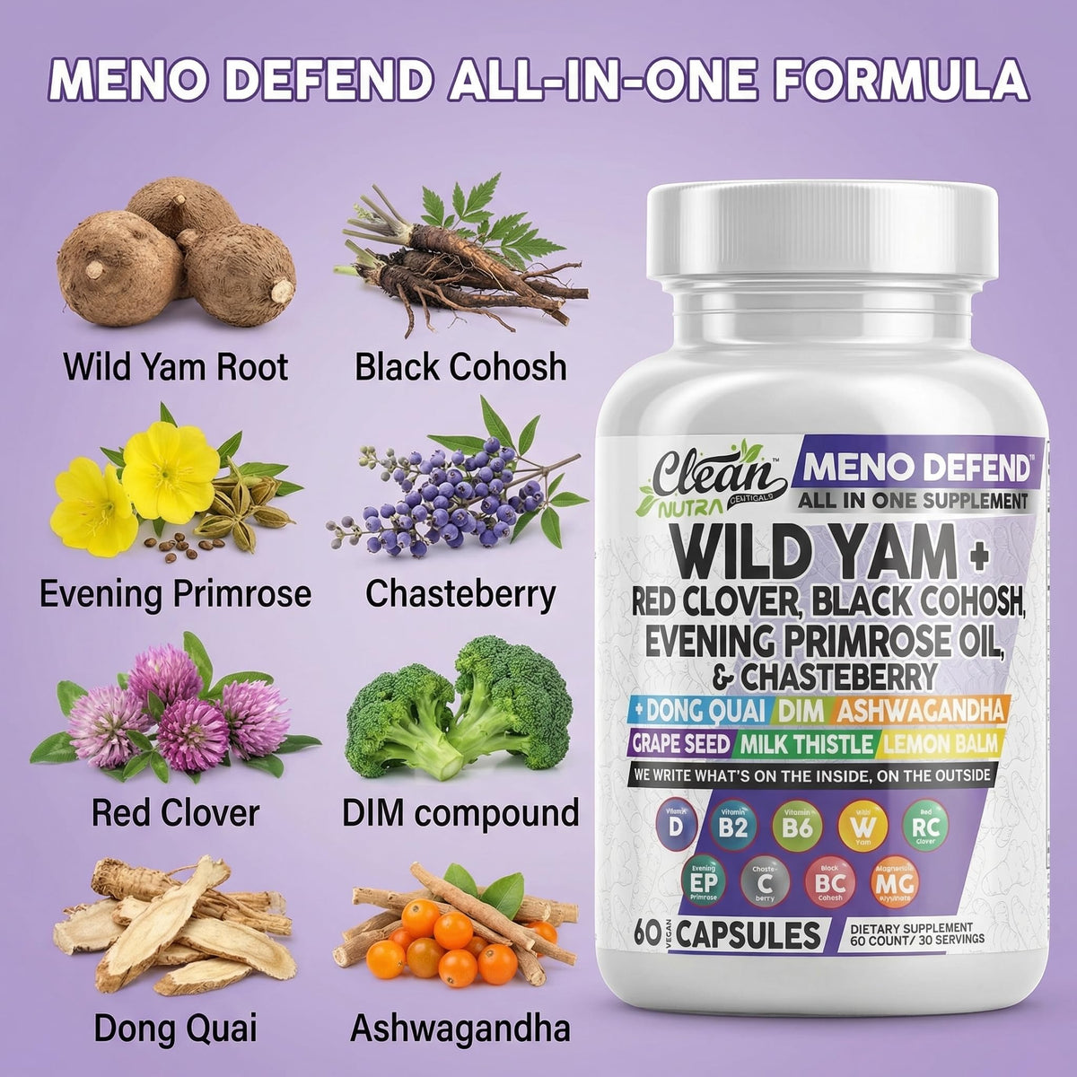 Clean Nutra Wild Yam Root Capsules with Red Clover Black Cohosh Evening Primrose Oil Chasteberry Dong Quai DIM Ashwagandha Grape Seed Extract Milk Thistle Lemon Balm - FENGGESTORE20
