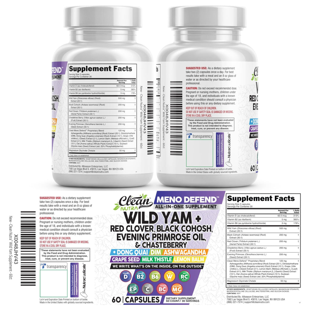 Clean Nutra Wild Yam Root Capsules with Red Clover Black Cohosh Evening Primrose Oil Chasteberry Dong Quai DIM Ashwagandha Grape Seed Extract Milk Thistle Lemon Balm - FENGGESTORE20