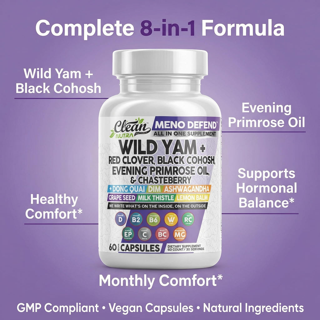 Clean Nutra Wild Yam Root Capsules with Red Clover Black Cohosh Evening Primrose Oil Chasteberry Dong Quai DIM Ashwagandha Grape Seed Extract Milk Thistle Lemon Balm - FENGGESTORE20