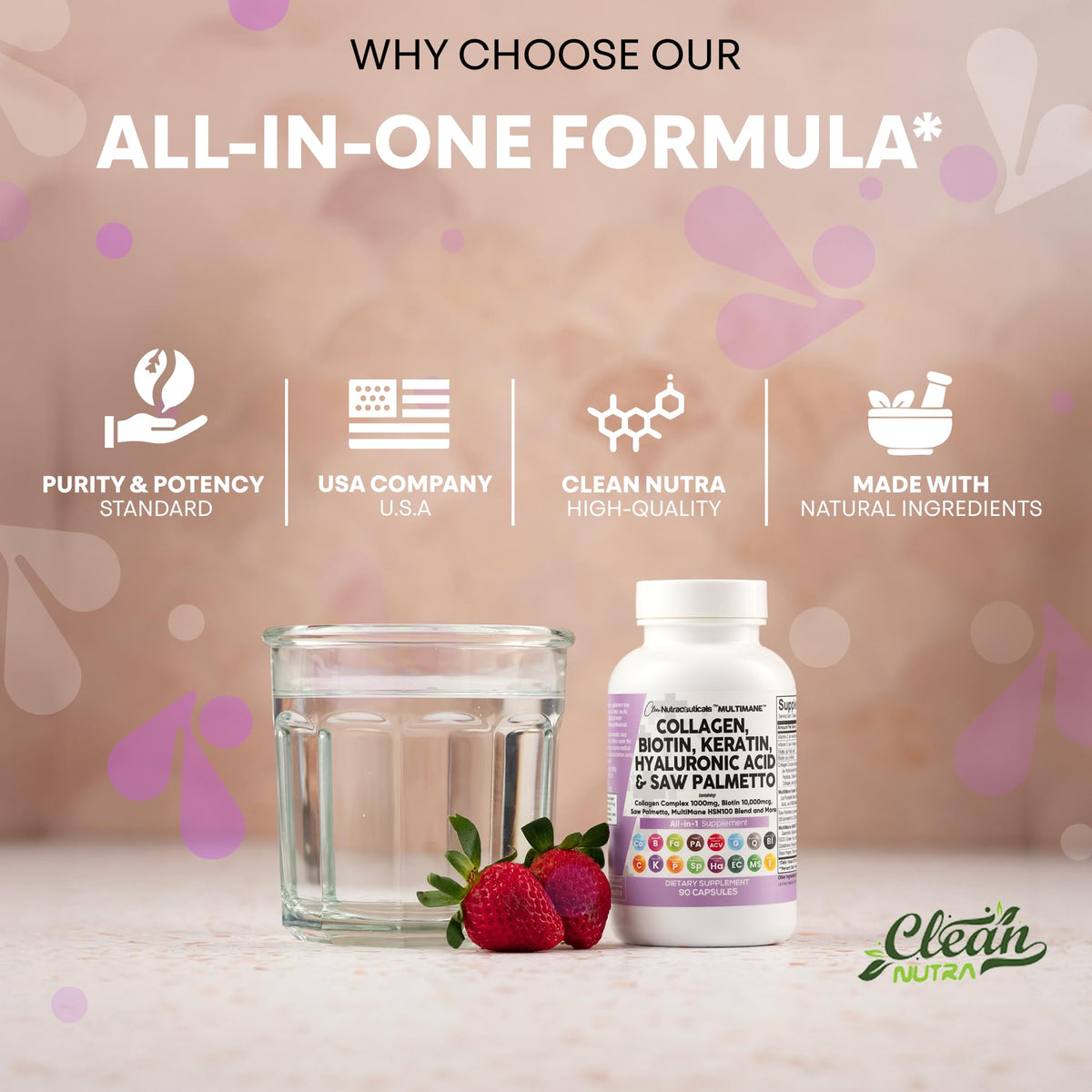 Clean Nutraceuticals Collagen Pills 1000mg Biotin 10000mcg Keratin Saw Palmetto Hyaluronic Acid - Hair Skin & Nails Vitamins & DHT Blocker with Vitamin E Folic Acid - FENGGESTORE20