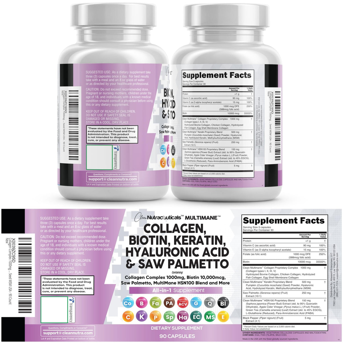 Clean Nutraceuticals Collagen Pills 1000mg Biotin 10000mcg Keratin Saw Palmetto Hyaluronic Acid - Hair Skin & Nails Vitamins & DHT Blocker with Vitamin E Folic Acid - FENGGESTORE20