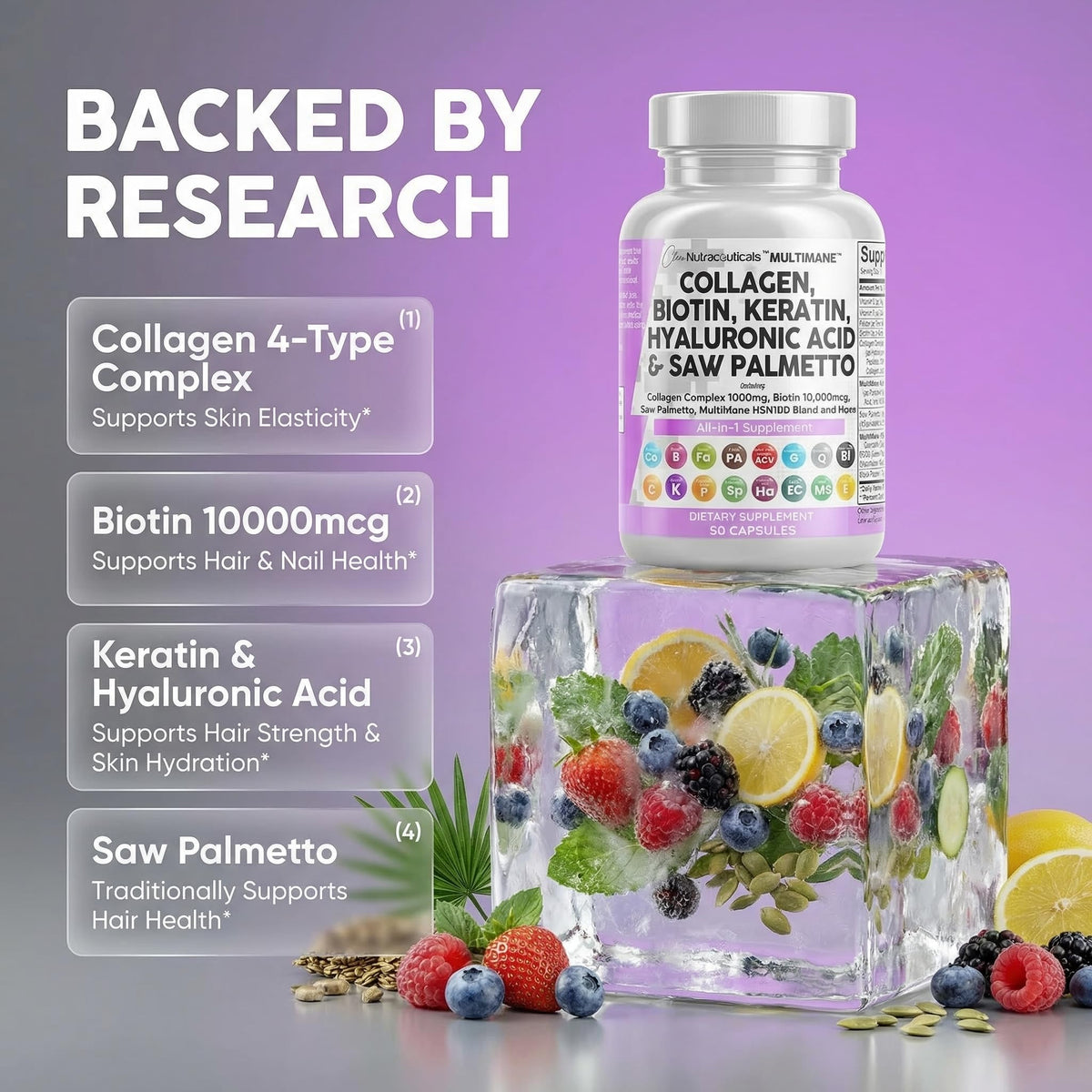 Clean Nutraceuticals Collagen Pills 1000mg Biotin 10000mcg Keratin Saw Palmetto Hyaluronic Acid - Hair Skin & Nails Vitamins & DHT Blocker with Vitamin E Folic Acid - FENGGESTORE20