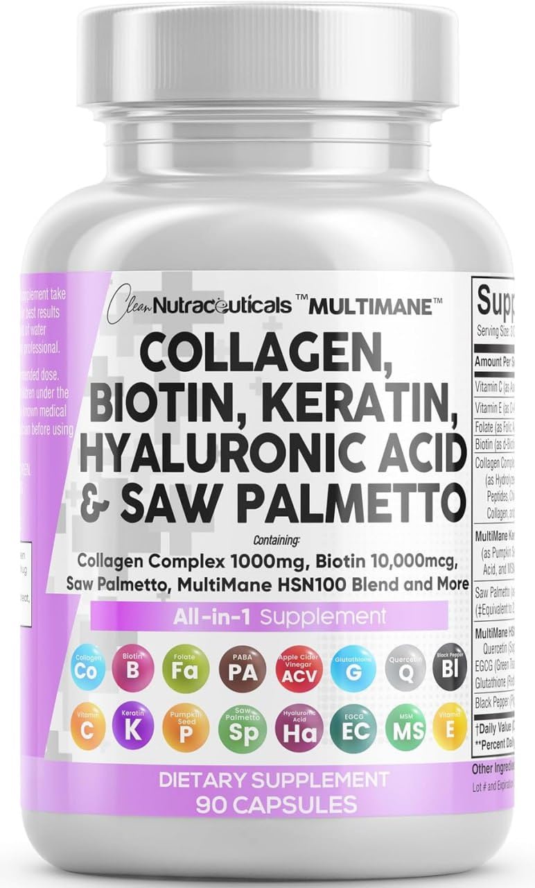 Clean Nutraceuticals Collagen Pills 1000mg Biotin 10000mcg Keratin Saw Palmetto Hyaluronic Acid - Hair Skin & Nails Vitamins & DHT Blocker with Vitamin E Folic Acid - FENGGESTORE20