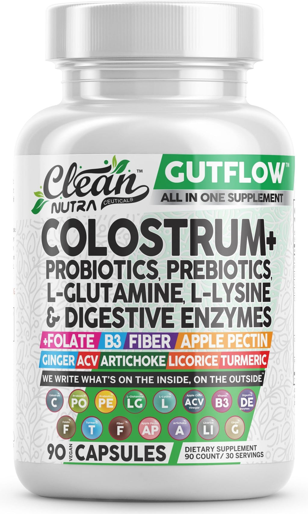 Clean Nutraceuticals Colostrum Supplement Capsules Probiotics Pills Prebiotics, L-Glutamine, Digestive Enzymes, Folate, Fiber, ACV, Turmeric, Apple Pectin and Turmeric Pills - FENGGESTORE20