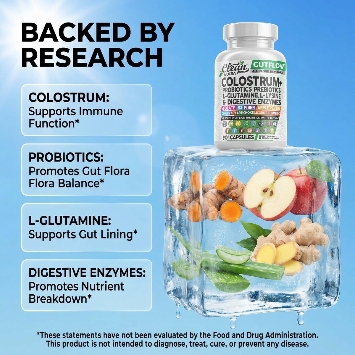 Clean Nutraceuticals Colostrum Supplement Capsules Probiotics Pills Prebiotics, L-Glutamine, Digestive Enzymes, Folate, Fiber, ACV, Turmeric, Apple Pectin and Turmeric Pills - FENGGESTORE20