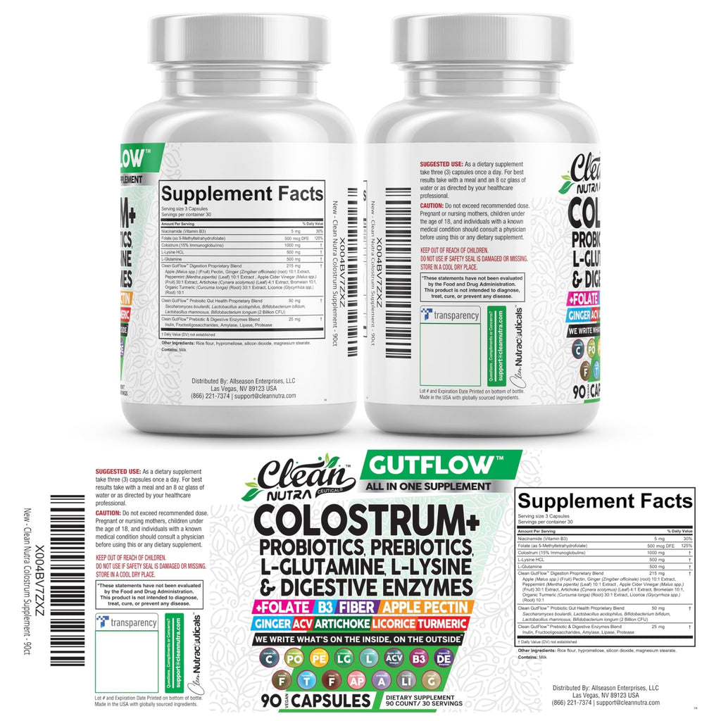 Clean Nutraceuticals Colostrum Supplement Capsules Probiotics Pills Prebiotics, L-Glutamine, Digestive Enzymes, Folate, Fiber, ACV, Turmeric, Apple Pectin and Turmeric Pills - FENGGESTORE20