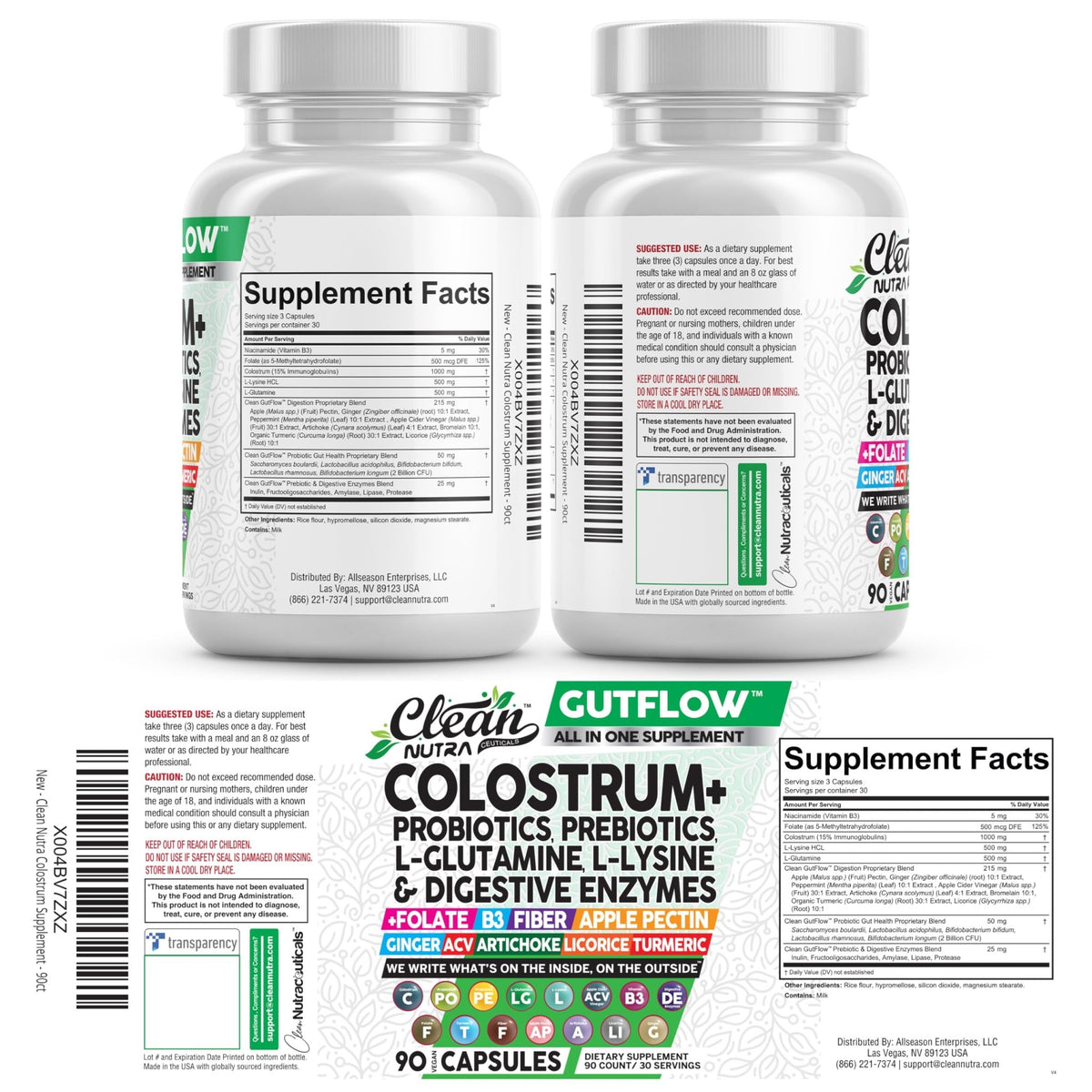 Clean Nutraceuticals Colostrum Supplement Capsules Probiotics Pills Prebiotics, L-Glutamine, Digestive Enzymes, Folate, Fiber, ACV, Turmeric, Apple Pectin and Turmeric Pills - FENGGESTORE20